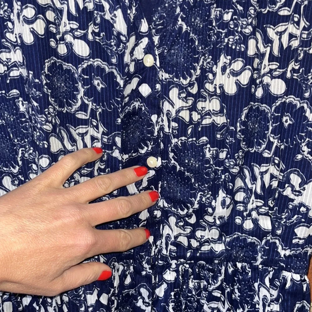 Gap Dress Full Front Button 3/4 Sleeve Tie Waist Blue & White Size 6 - Picture 5 of 10